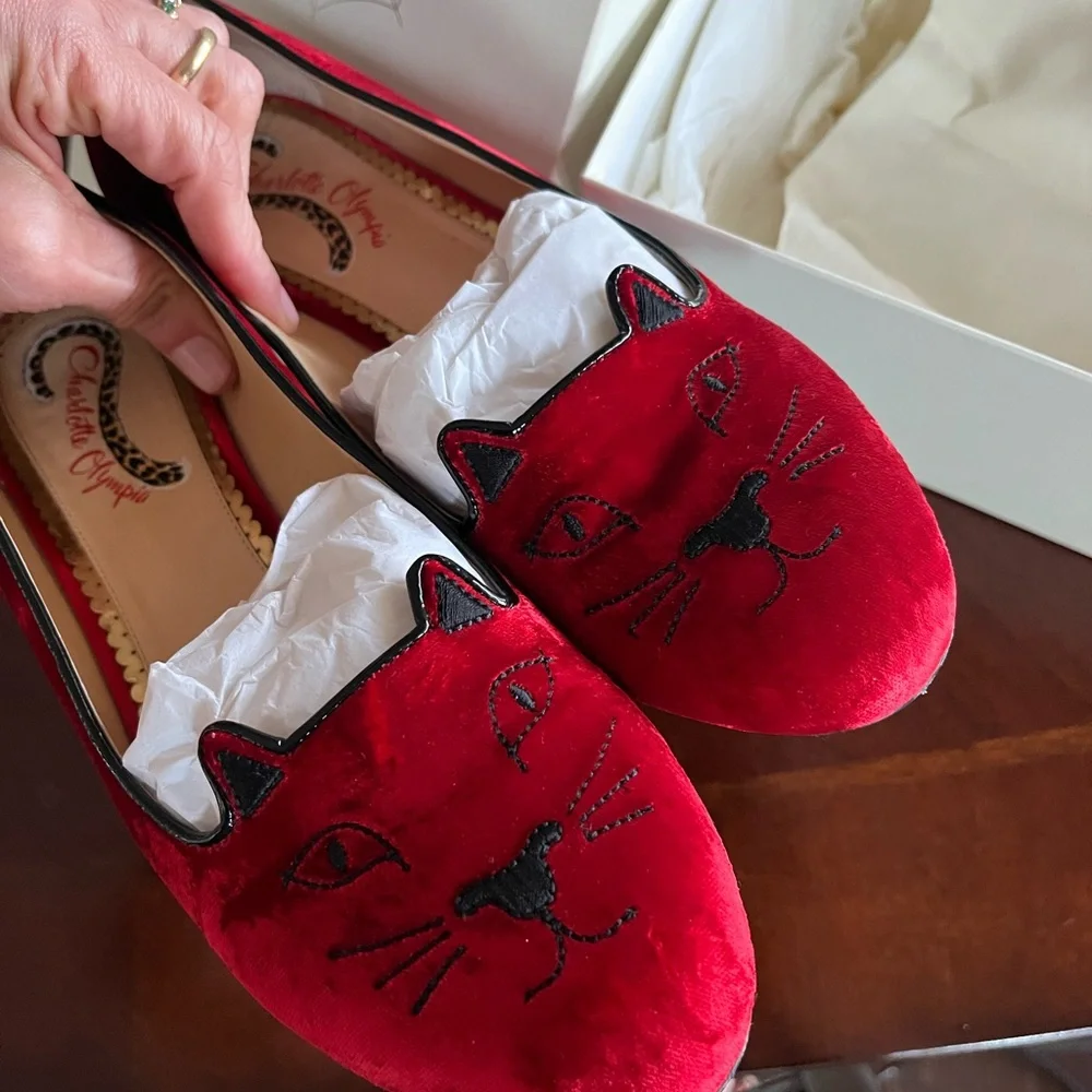 Charlotte Olympia Red Plush Flats Loafers - Picture 2 of 7